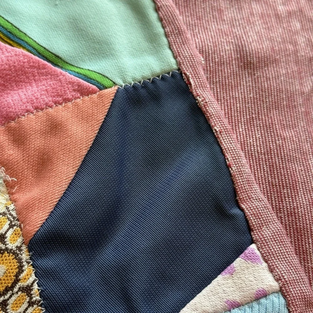 Vintage 70s Crazy Groovy Quilt Handmade Colorful Patchwork Blanket 45x55 READ